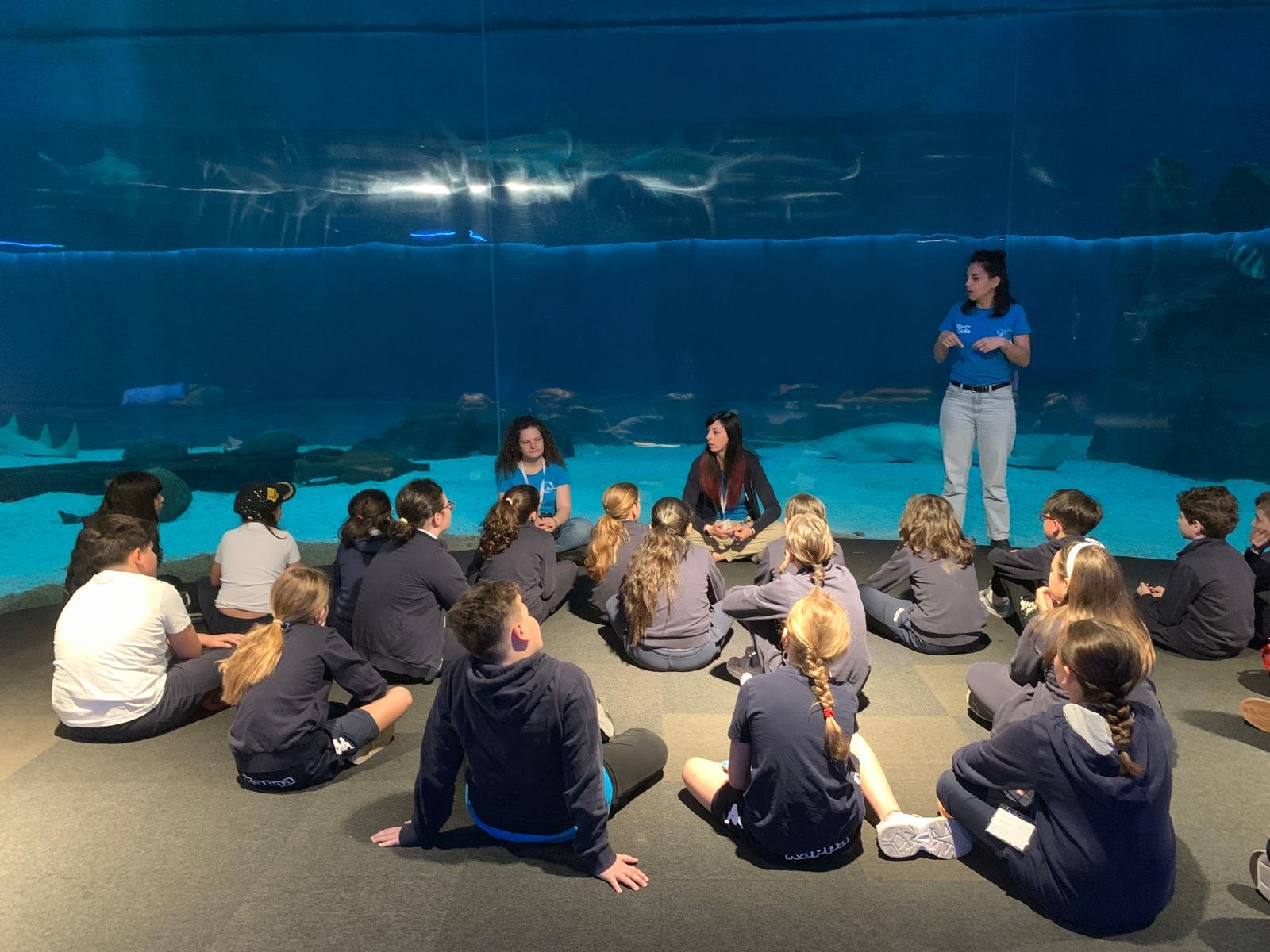 Alunni della scuola primaria davanti alla vasca degli squali all’Acquario di Genova durante attività didattica
